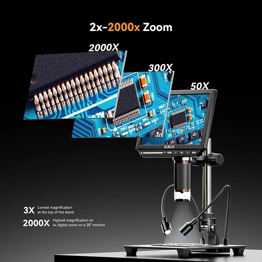 Elikliv EM4K 4K HDMI Digital Microscope for Electronics 8" 2000X Soldering Microscope for PCB Inspection Repair with 10" Stand