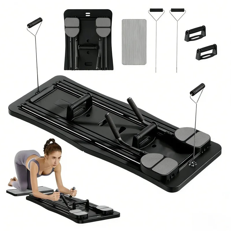Pilates Sliding Board Foldable Fitness Reformer Platform Home Workout Equipment with Resistance Bands Abdominal Leg Training Machine Multifunctional Yoga Exercise Board Portable Full Body Workout Pilates Board