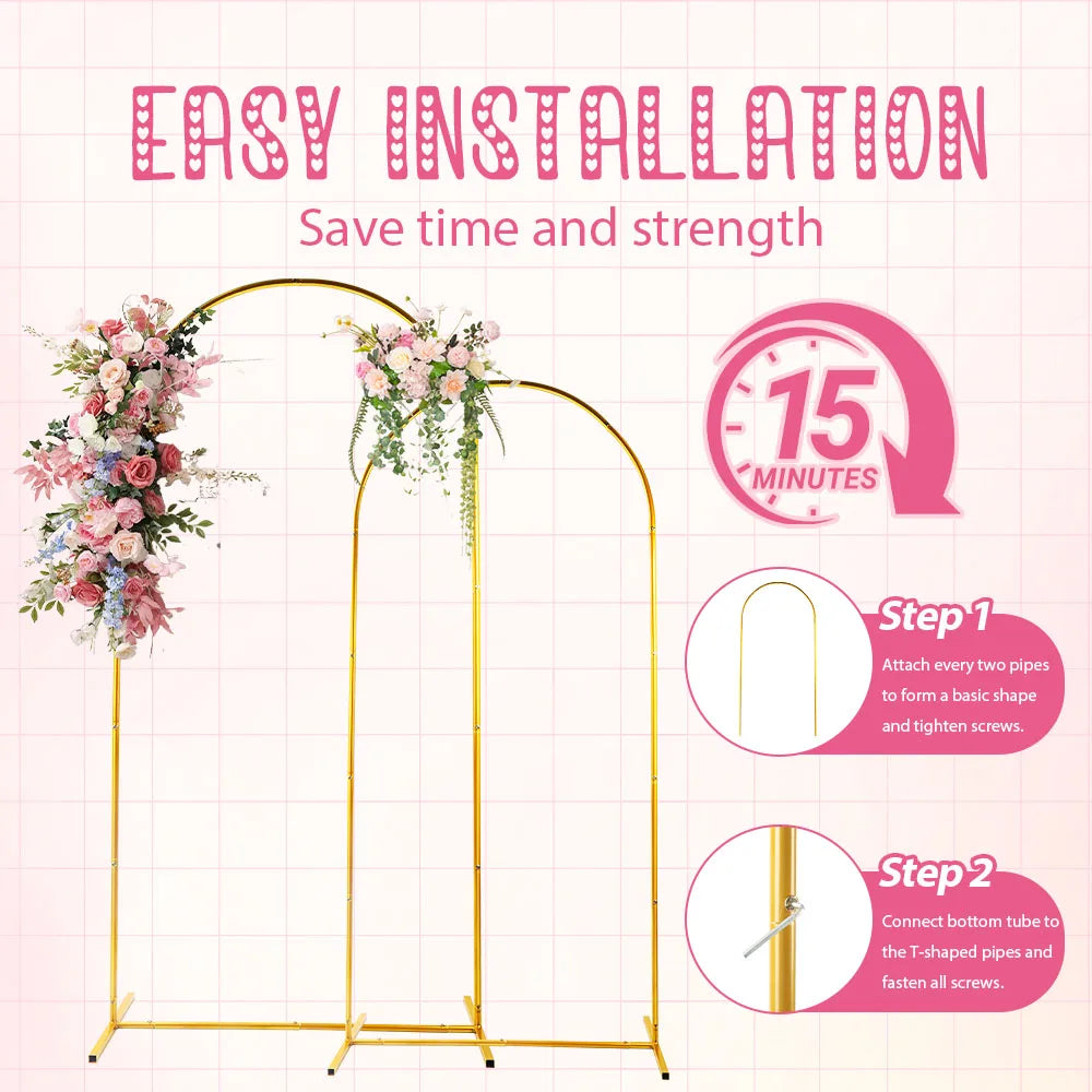 2Set of Wedding Arch Backdrop Stand(4x7.2FT+2.6FT), Gold Metal Arch Backdrop Stand for Party Floral Garden Balloon Arches Decor