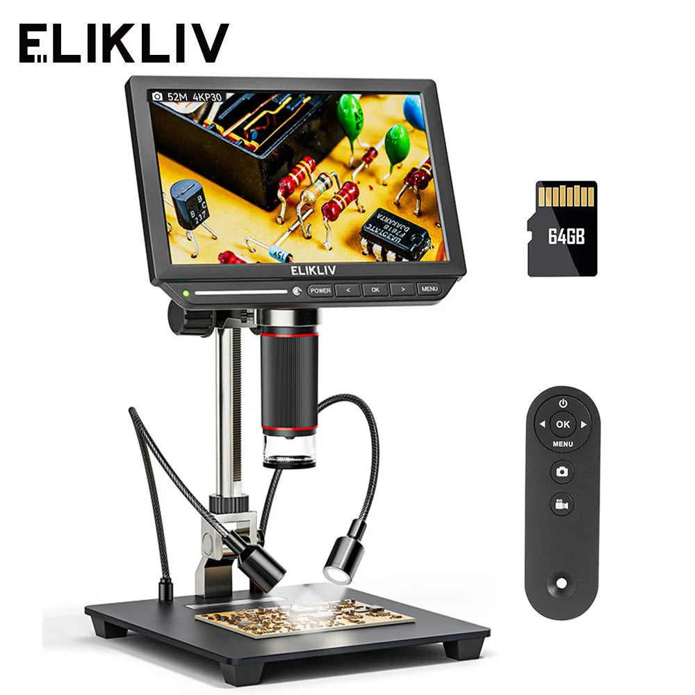 Elikliv EM4K 4K HDMI Digital Microscope for Electronics 8" 2000X Soldering Microscope for PCB Inspection Repair with 10" Stand