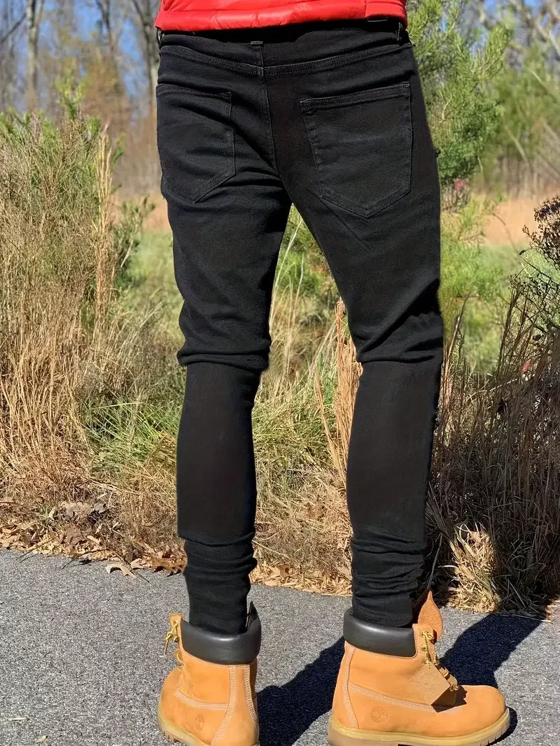 Slim-fit Men's Washed Jeans Casual Straight Leg Trousers for Men Dark Blue Jeans