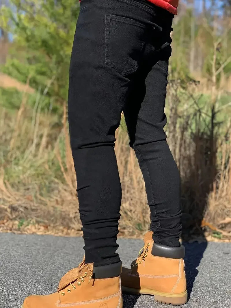 Slim-fit Men's Washed Jeans Casual Straight Leg Trousers for Men Dark Blue Jeans