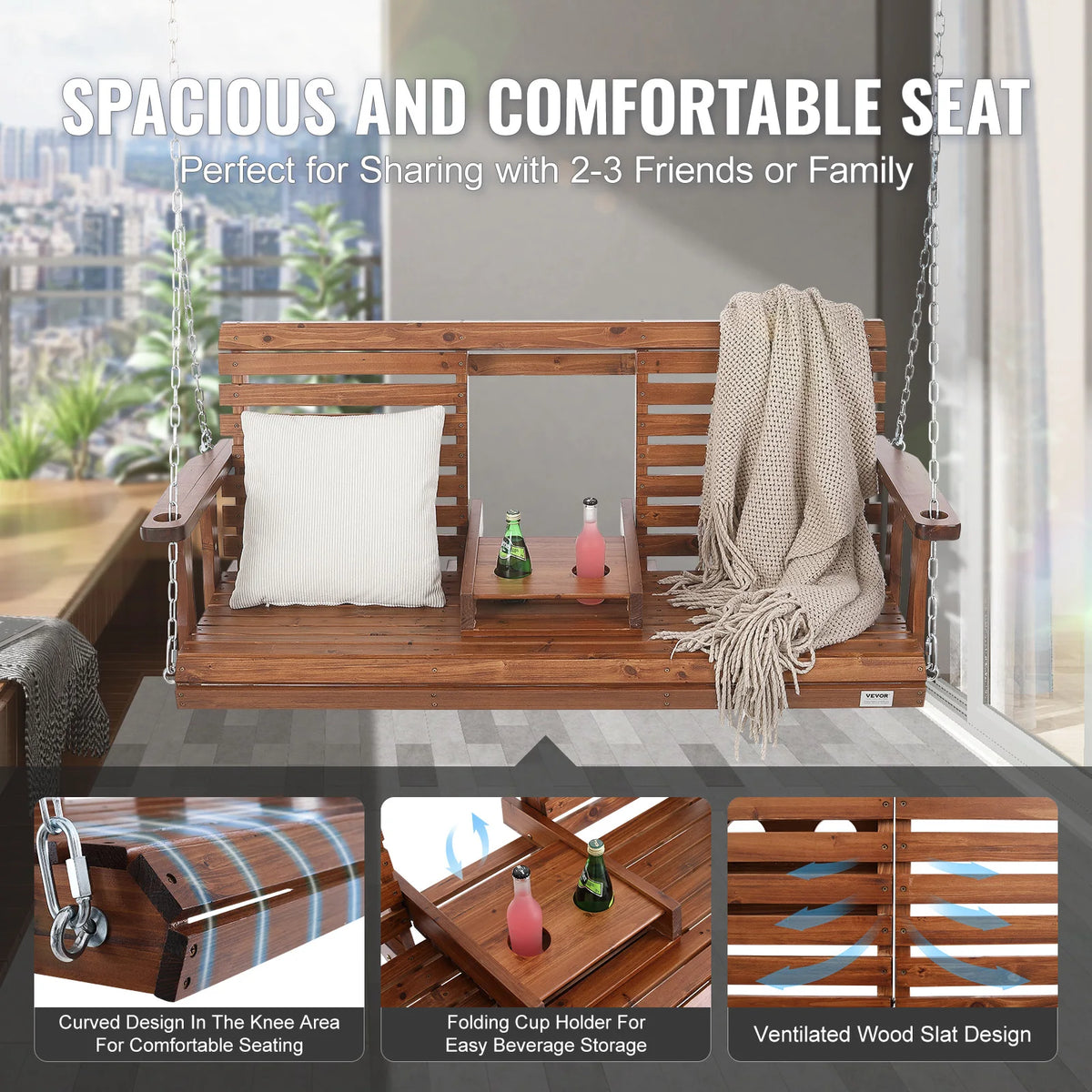 SucceBuy Wooden Porch Swing 5 ft Patio bench swing for Courtyard Garden Upgraded 880 lbs Strong Load Capacity Swing Chair Bench