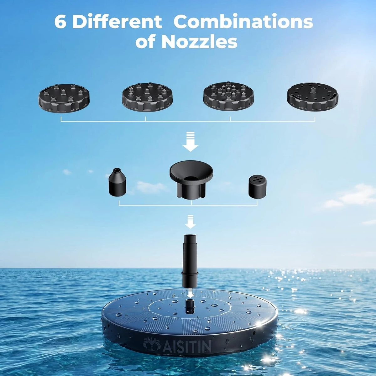  Solar Fountain with 6 Nozzles and 4 Crash Bars, High Water Spray&Stable Floating Solar Water Fountain Suitable for Bird Bath Garden Pond Fish Tank, Ideal Outdoor Landscape Decor