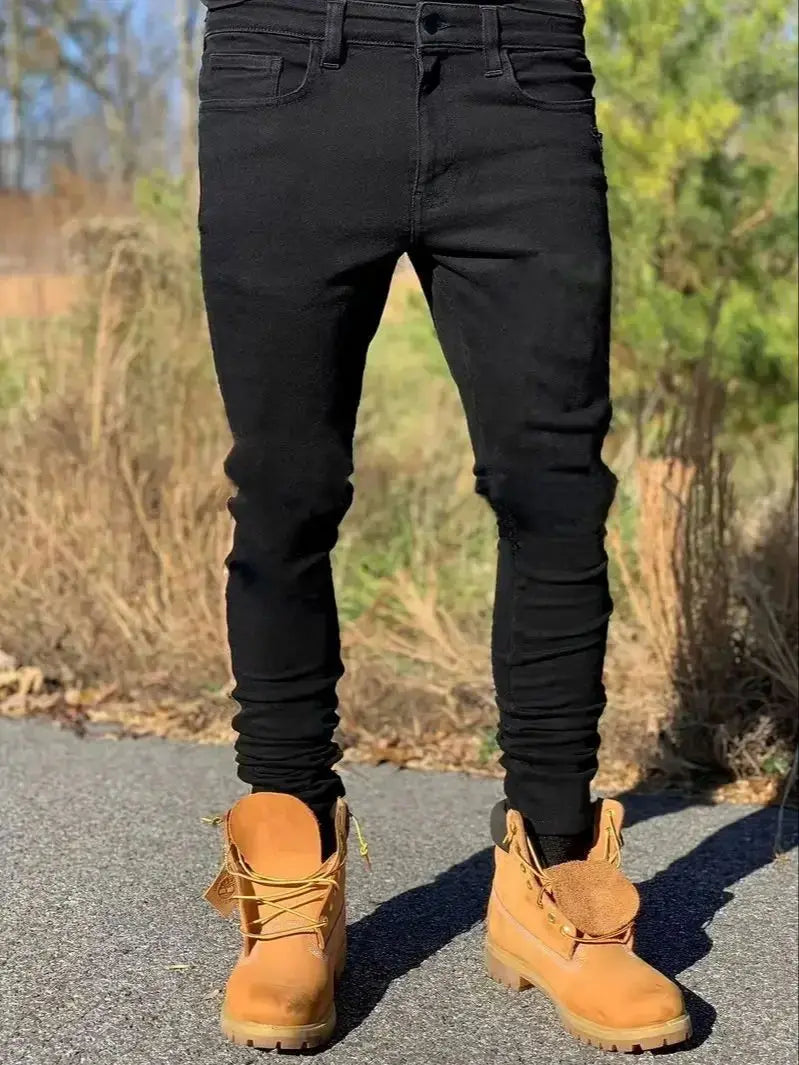 Slim-fit Men's Washed Jeans Casual Straight Leg Trousers for Men Dark Blue Jeans