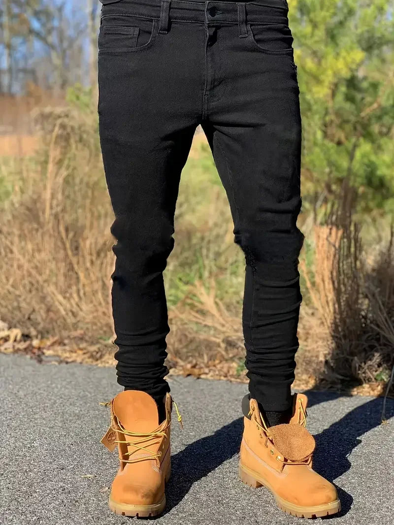 Slim-fit Men's Washed Jeans Casual Straight Leg Trousers for Men Dark Blue Jeans