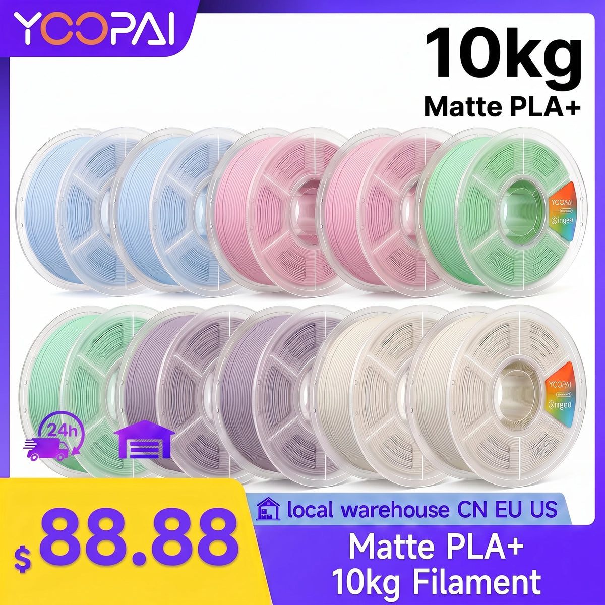 YOOPAI Matte PLA Filament 10kg 1.75mm 3D Printer Filament Soft Matte Finish Low Warping ±0.02mm for 3D Printing